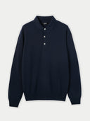 A navy blue cashmere polo sweater with a collar and buttons visible. #color_navy