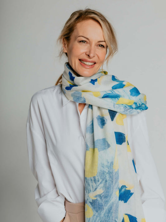 Women's Cashmere Printed Shawl Mosaic Blue - Gobi Cashmere