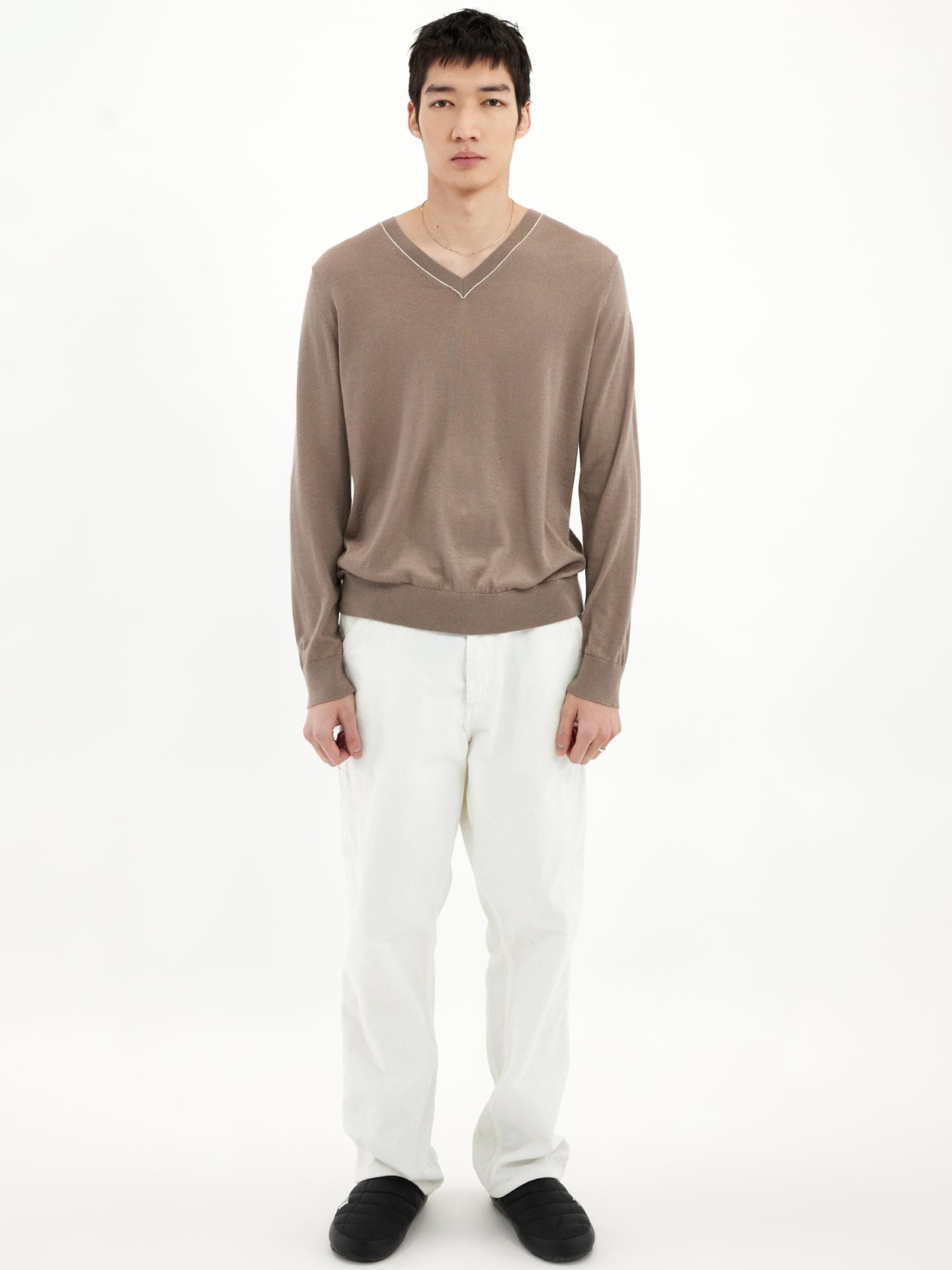 Men's Silk Cashmere V-Neck Greige - Gobi Cashmere