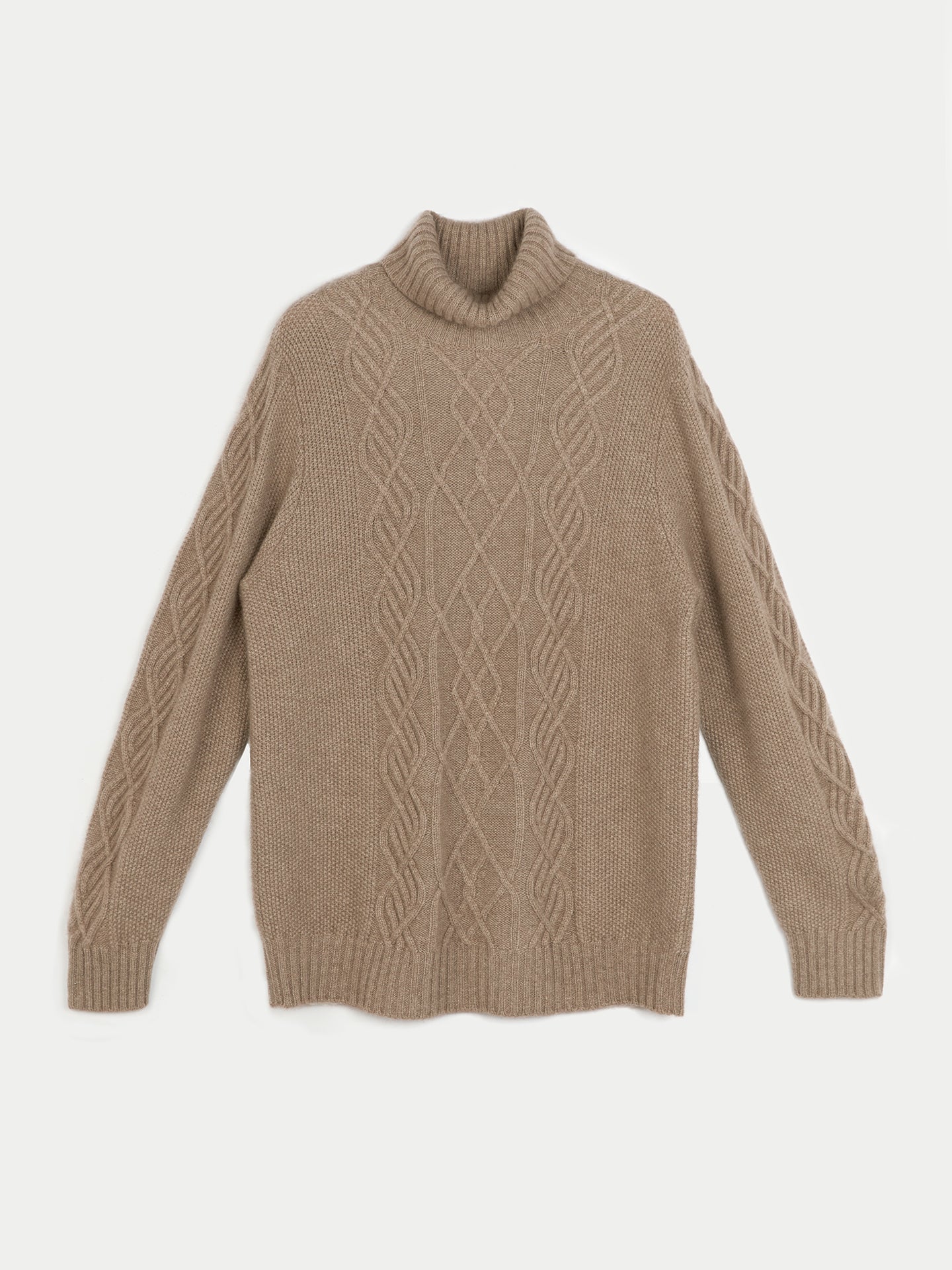 Men's Cashmere Cable T-neck Taupe - Gobi Cashmere