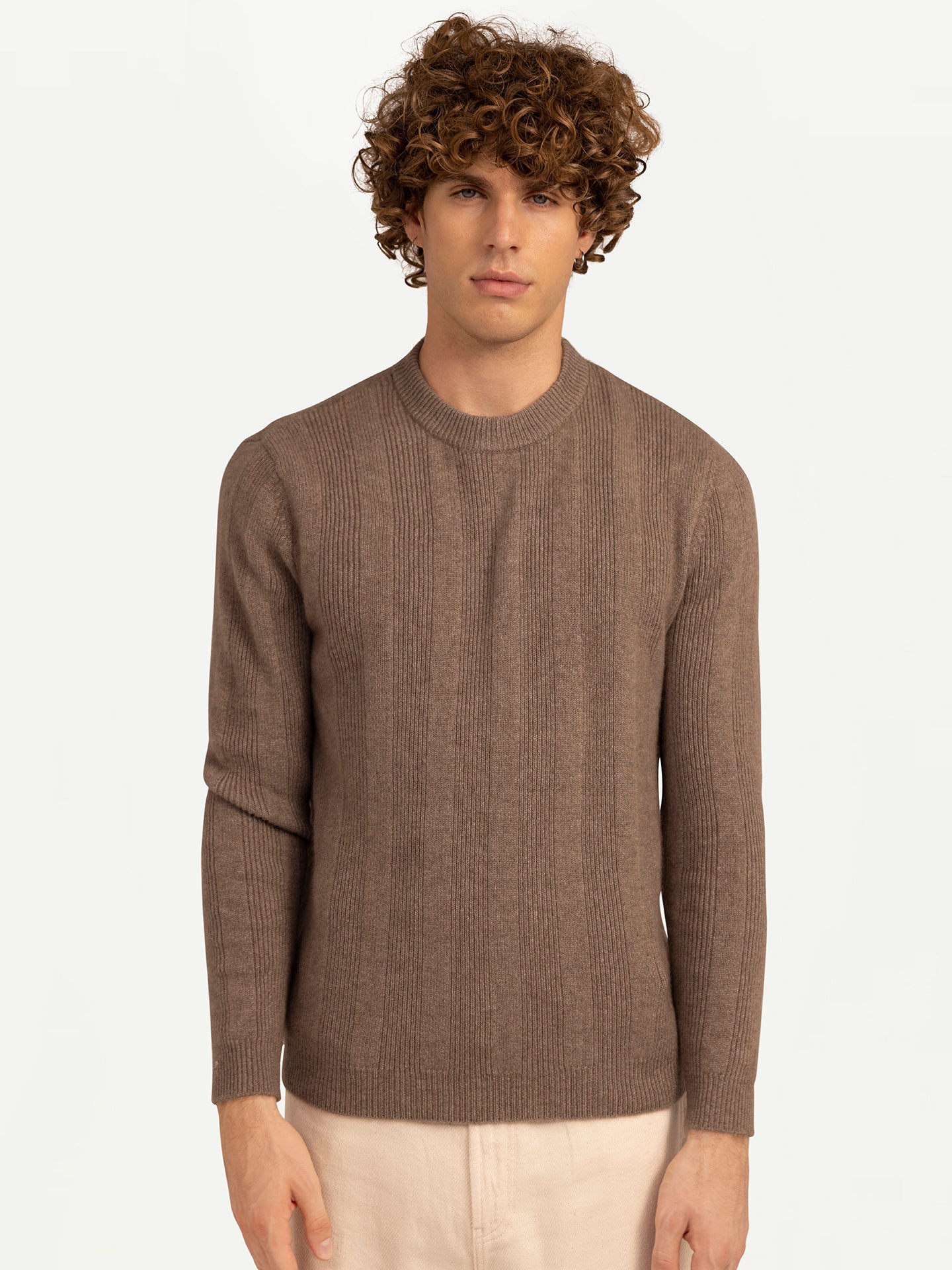 Men's Cashmere Vertical-Striped Sweater Taupe - Gobi Cashmere