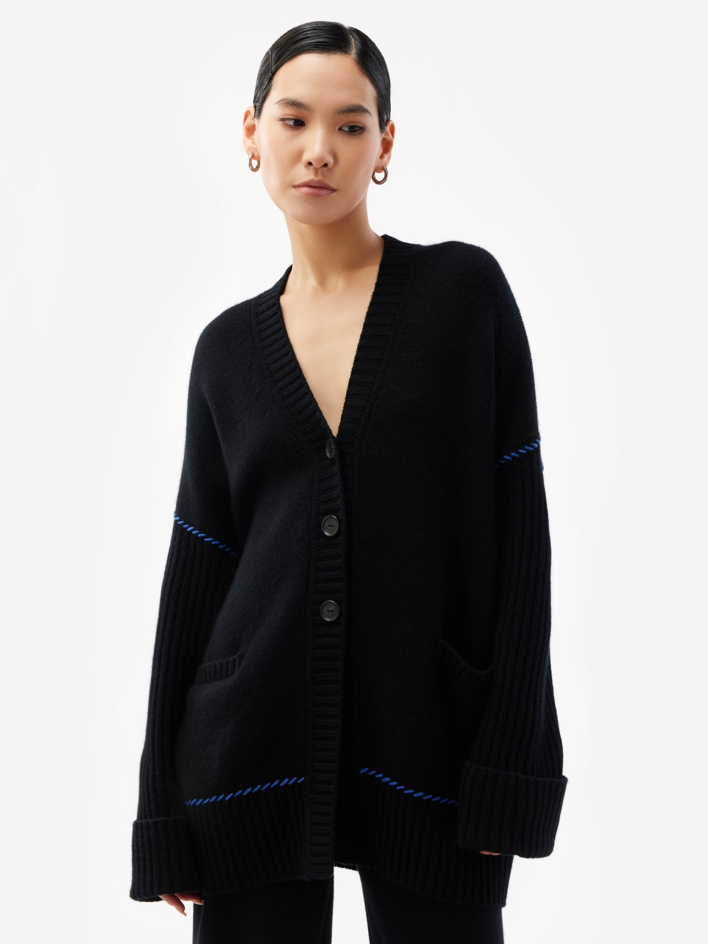 Women's Cashmere Stitch Embellished Cardigan Black - Gobi Cashmere