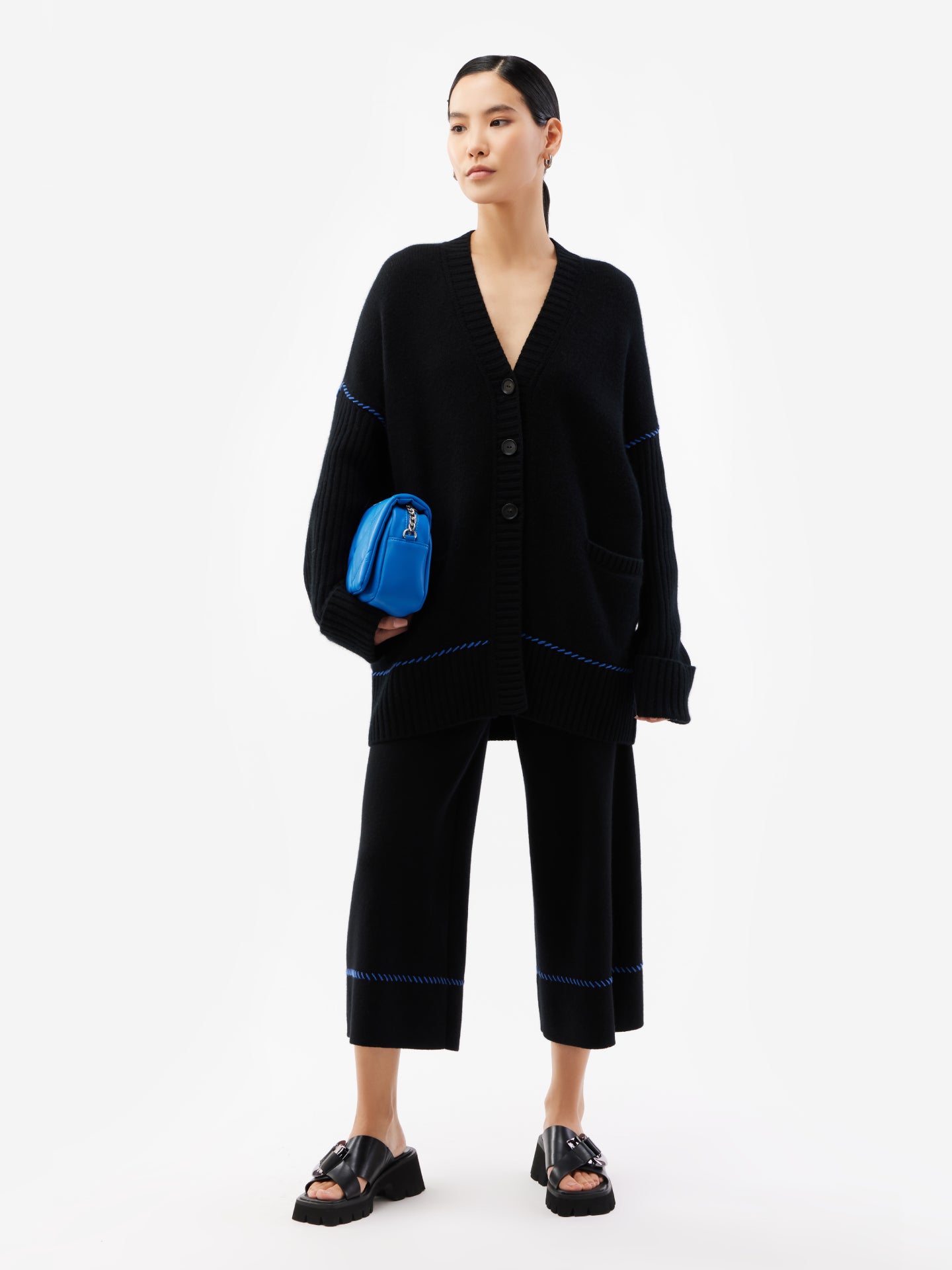 Women's Cashmere Stitch Embellished Wide Pants Black - Gobi Cashmere