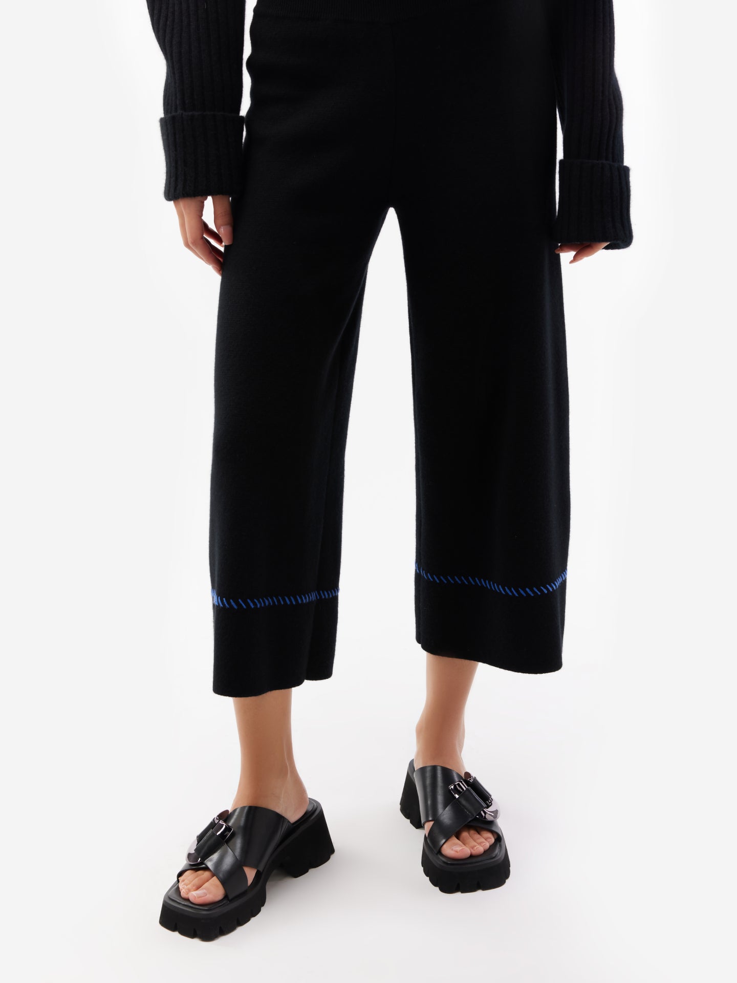 Women's Cashmere Stitch Embellished Wide Pants Black - Gobi Cashmere