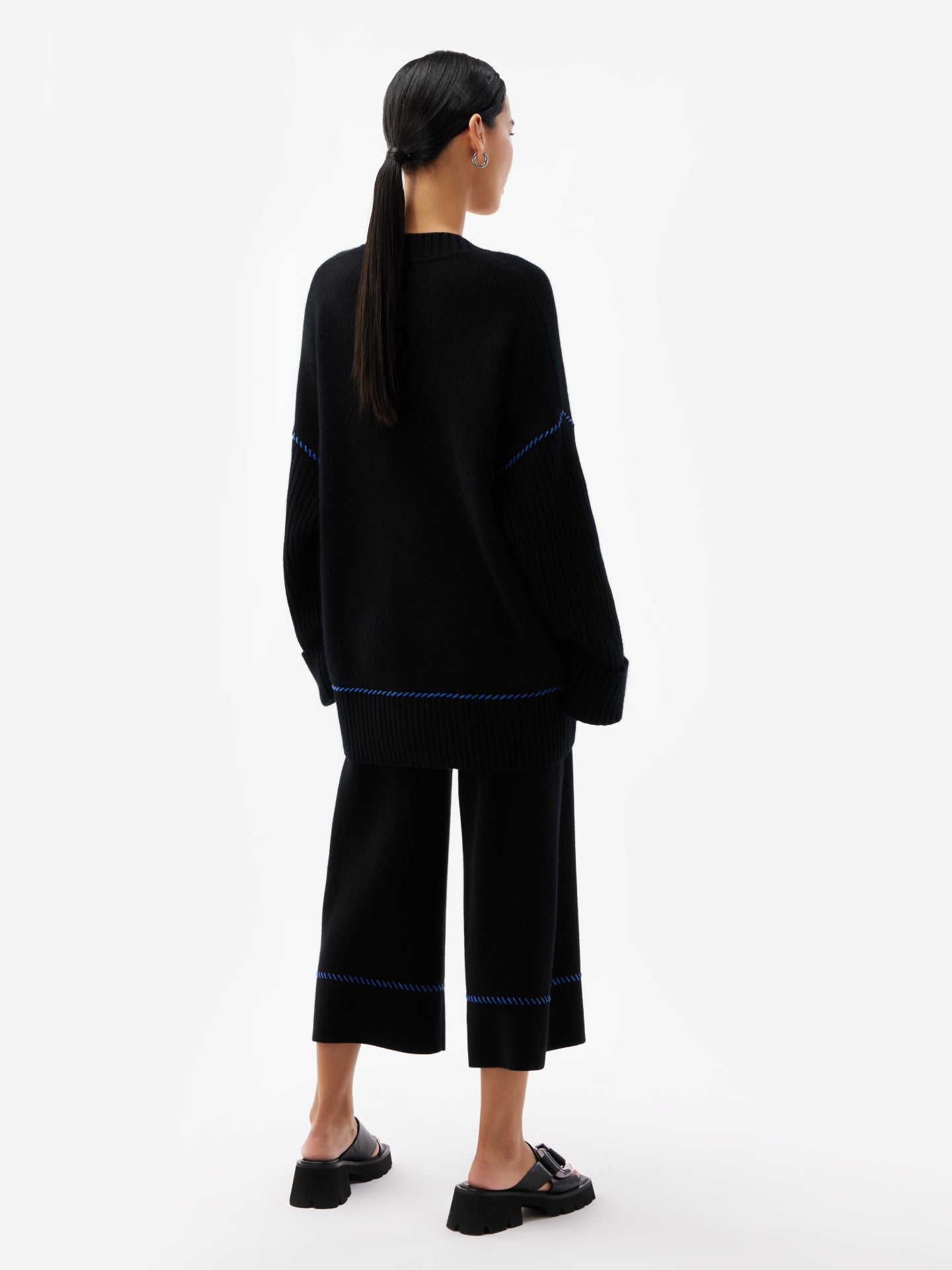 Women's Cashmere Stitch Embellished Wide Pants Black - Gobi Cashmere