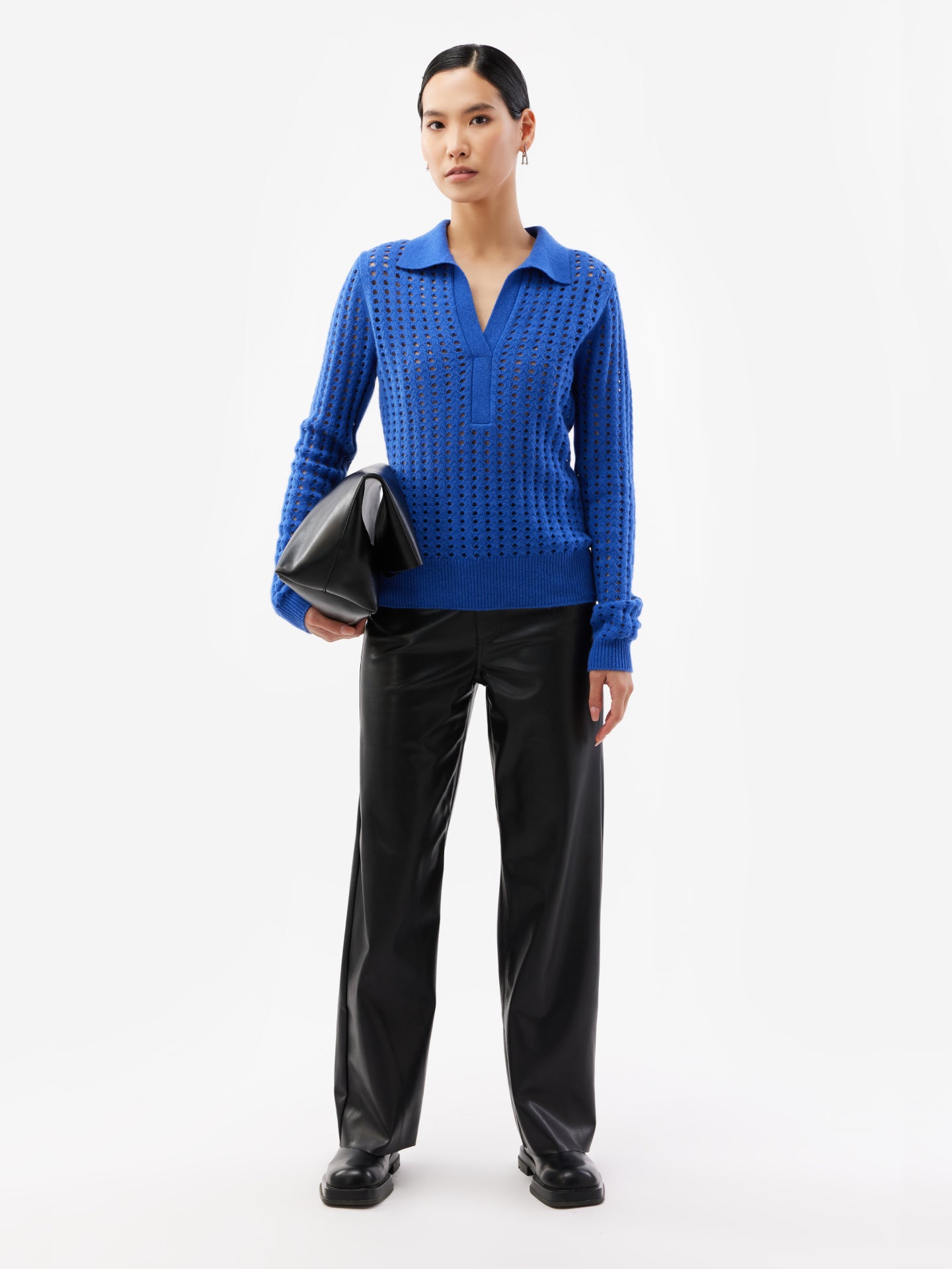 Women's Cashmere Striped Polo Sweater Strong Blue - Gobi Cashmere