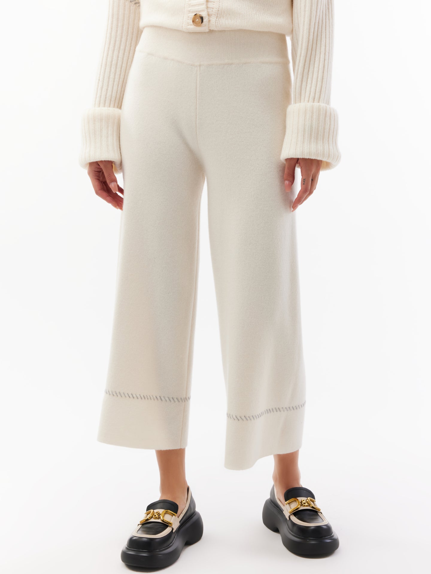 Women's Cashmere Stitch Embellished Wide Pants White - Gobi Cashmere