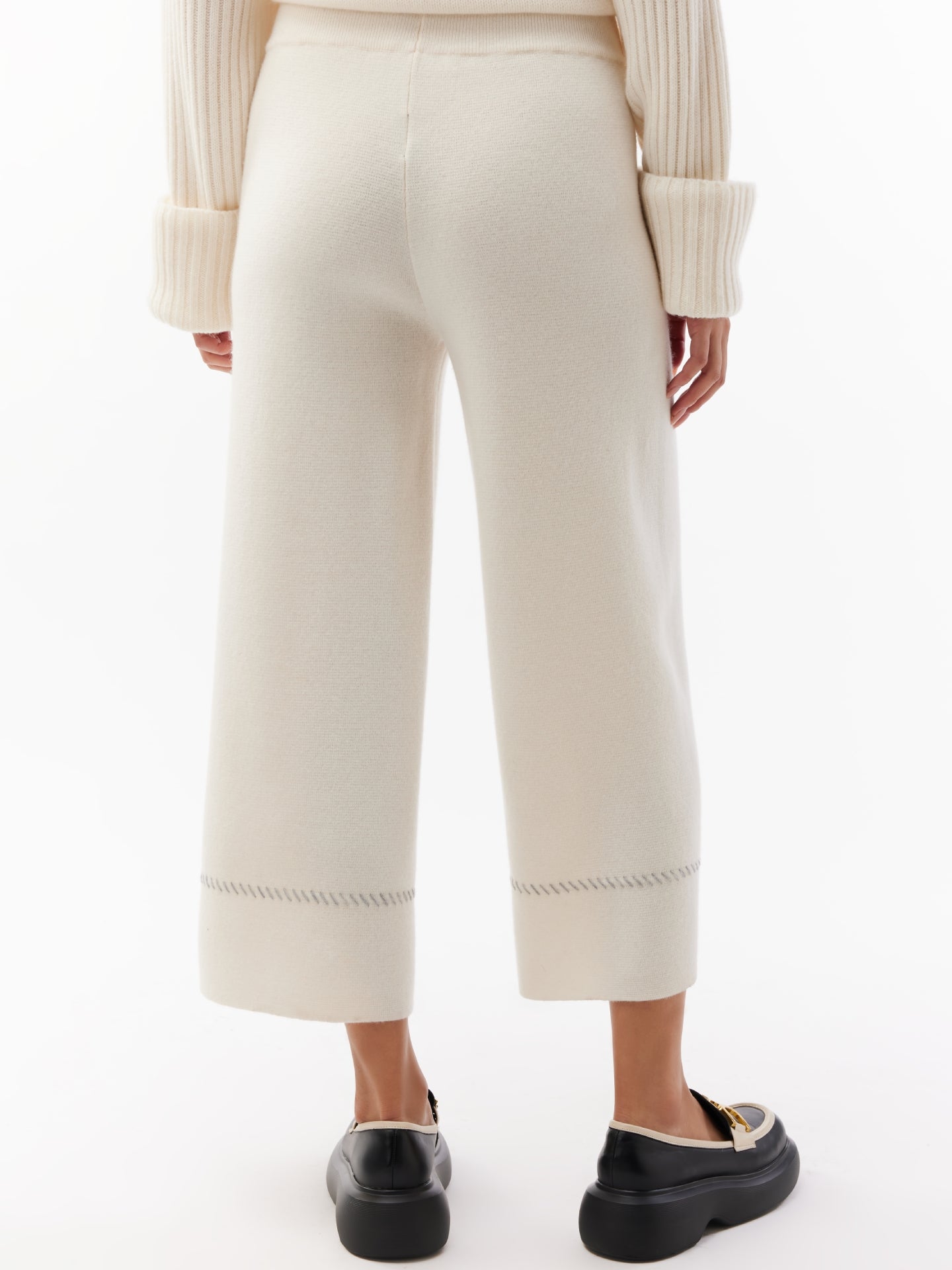 Women's Cashmere Stitch Embellished Wide Pants White - Gobi Cashmere