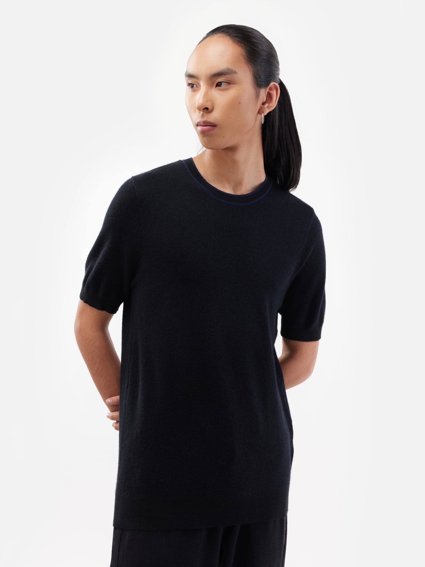 Men's Silk Cashmere Jacquard Knit T-shirt Black - Gobi Cashmere