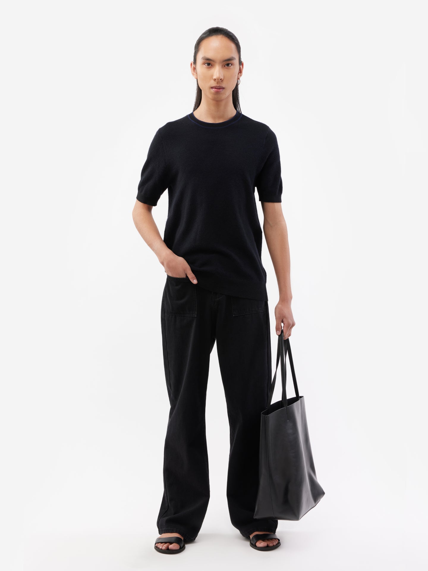 Men's Silk Cashmere Jacquard Knit T-shirt Black - Gobi Cashmere