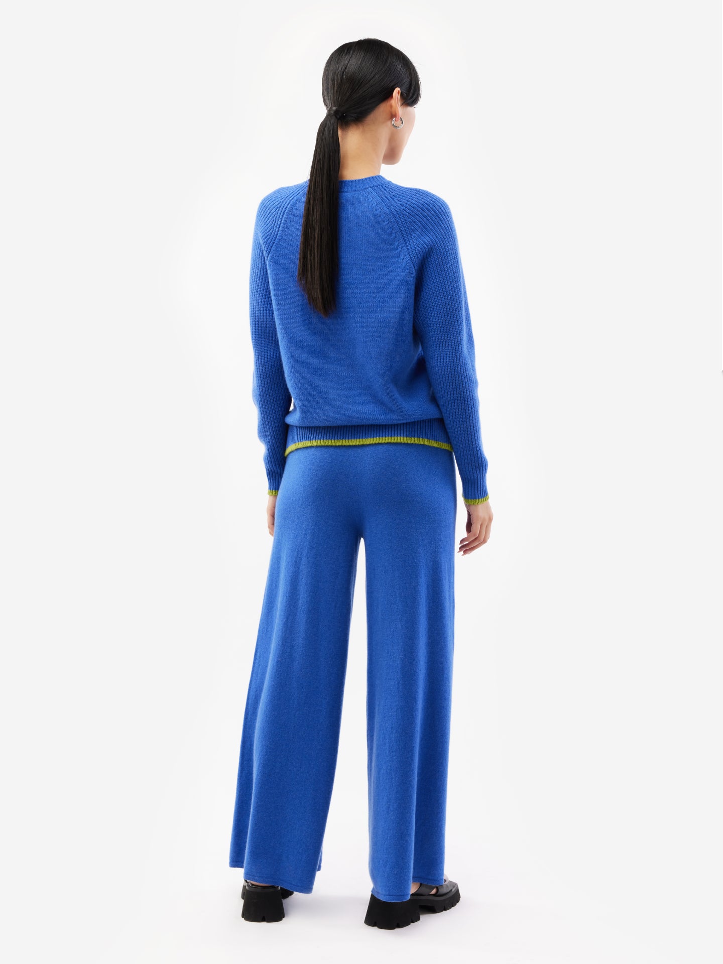 Women's Cashmere Stripe Trim C-Neck Sweater Strong Blue - Gobi Cashmere