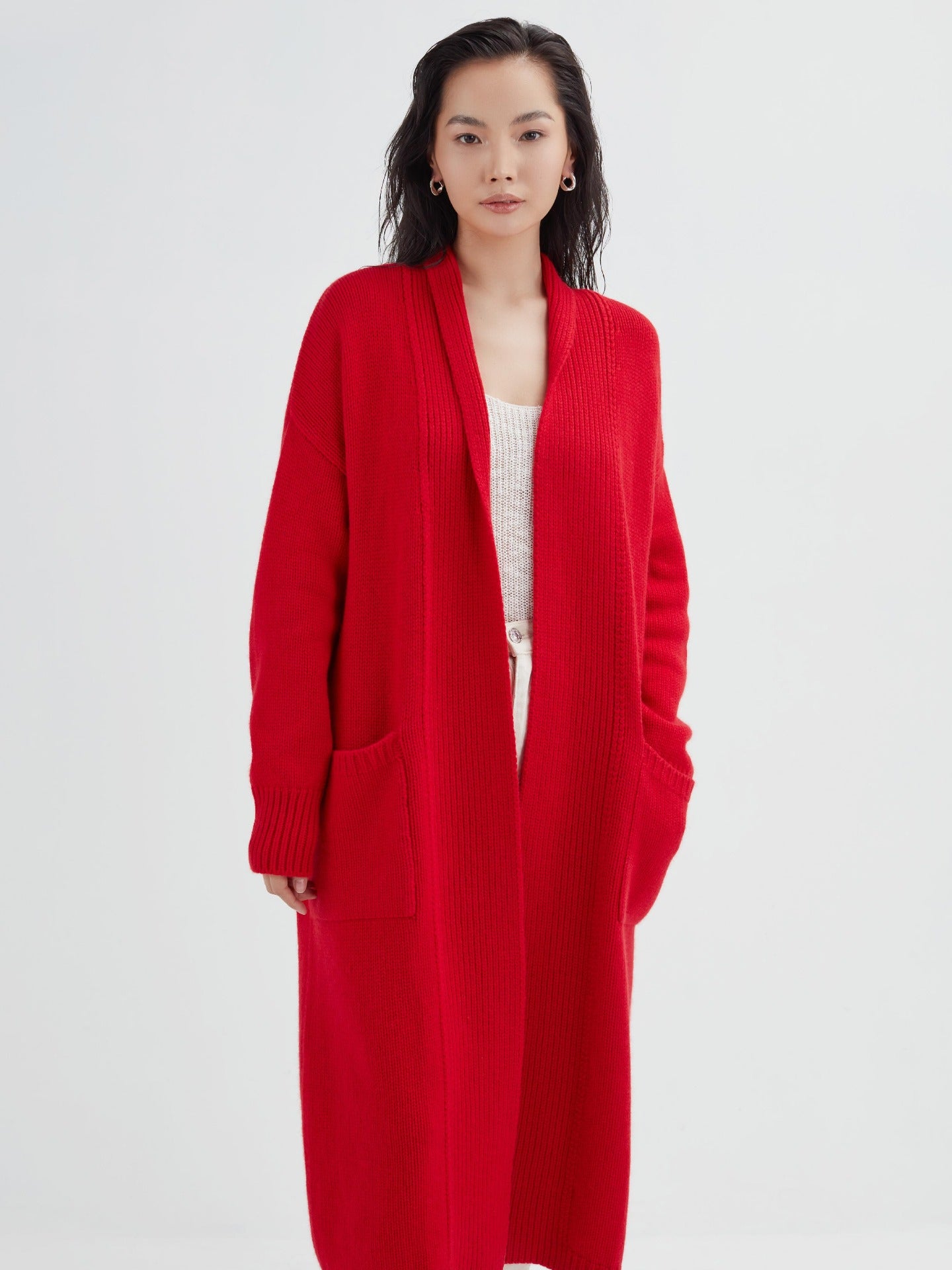 Women's Cashmere Chunky Long Cardigan Red - Gobi Cashmere