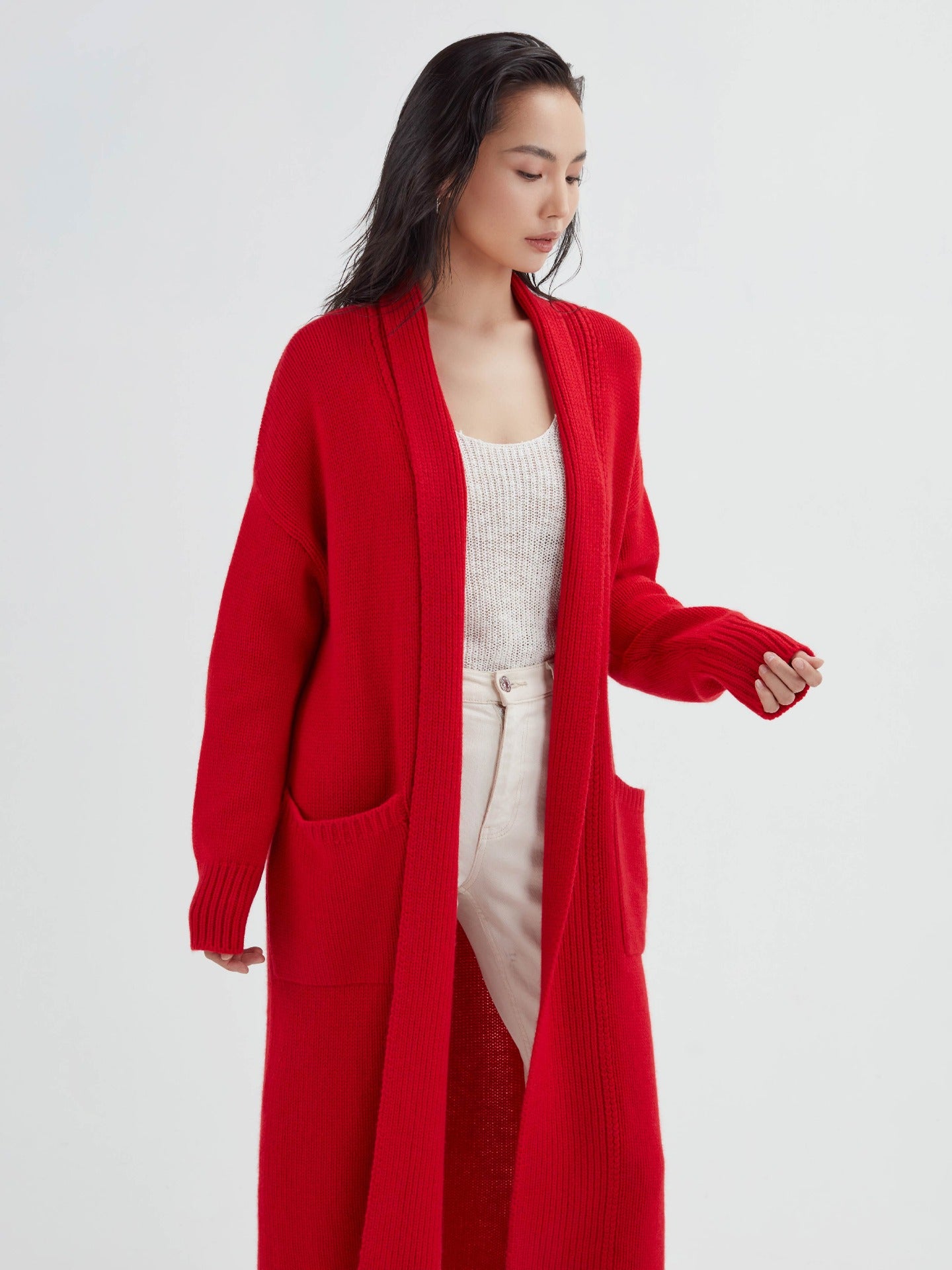 Women's Cashmere Chunky Long Cardigan Red - Gobi Cashmere