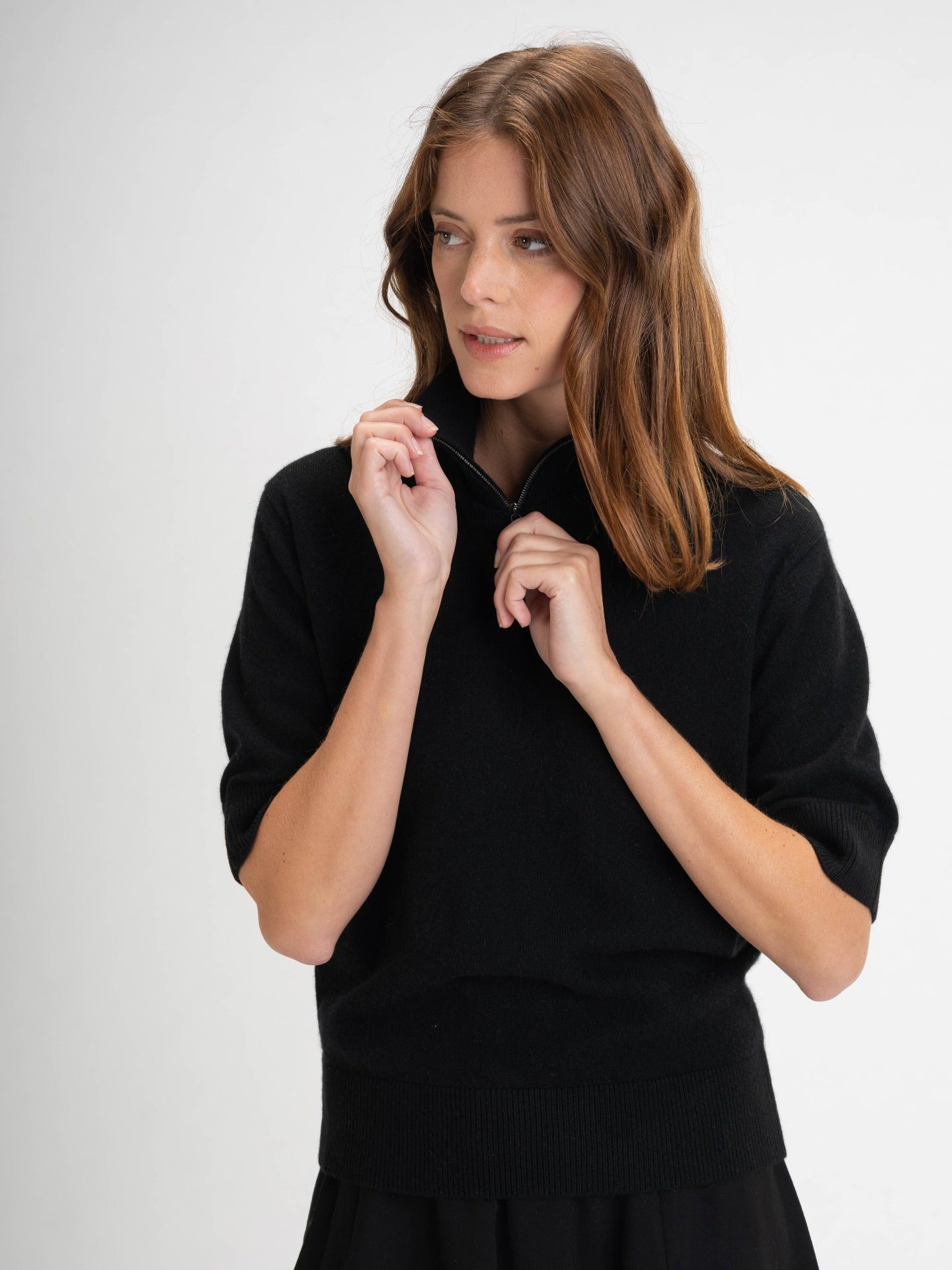 Women's Cashmere Zip Polo T-Shirt Black - Gobi Cashmere