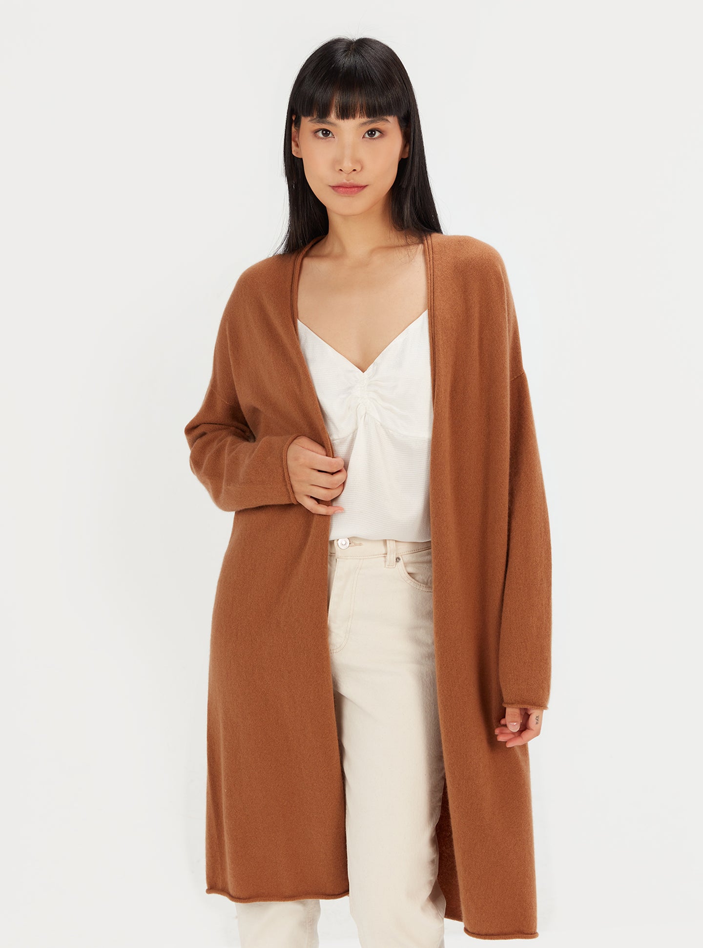 Women's Cashmere 3D Longline Cardigan Camel - Gobi Cashmere