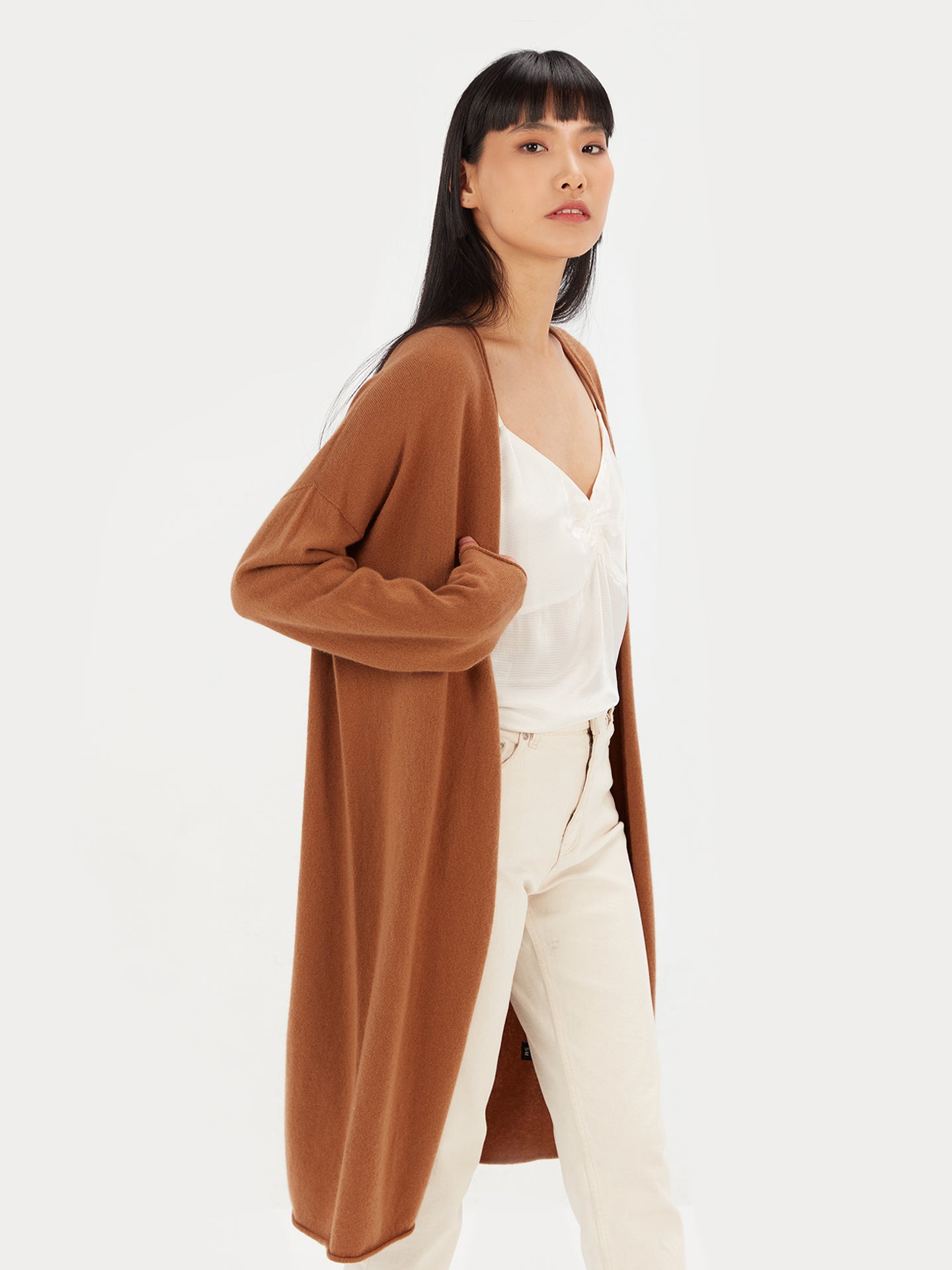 Women's Cashmere 3D Longline Cardigan Camel - Gobi Cashmere