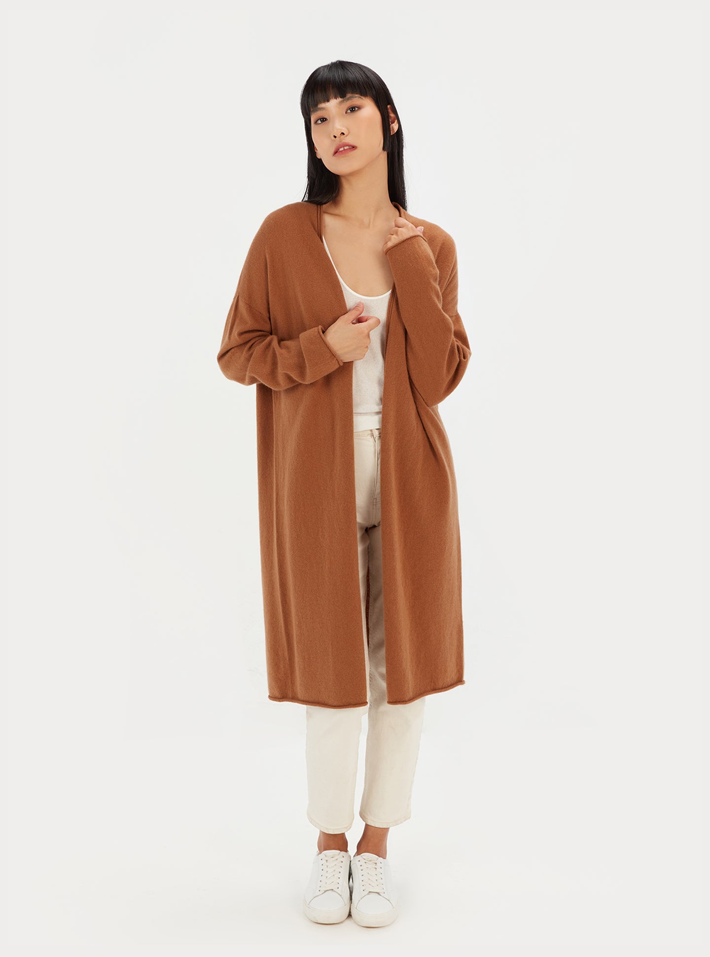 Women's Cashmere 3D Longline Cardigan Camel - Gobi Cashmere