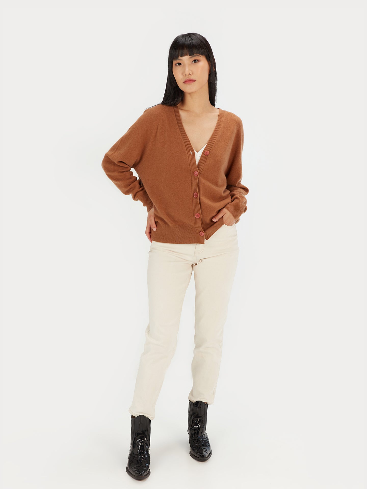 Women's Cashmere 3D Button-Up Cardigan Camel - Gobi Cashmere