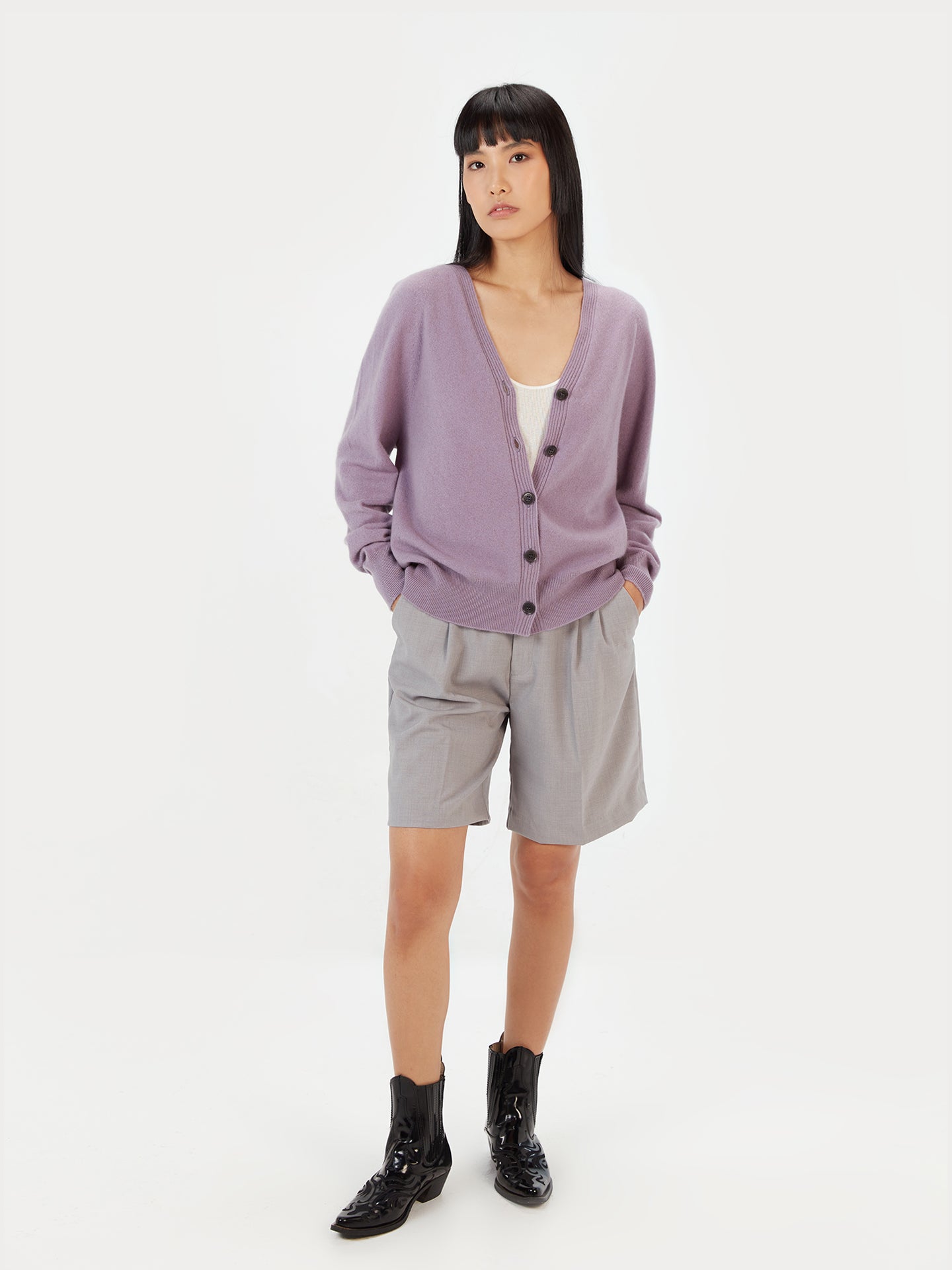 Women's Cashmere 3D Button-Up Cardigan Lavender Gray - Gobi Cashmere