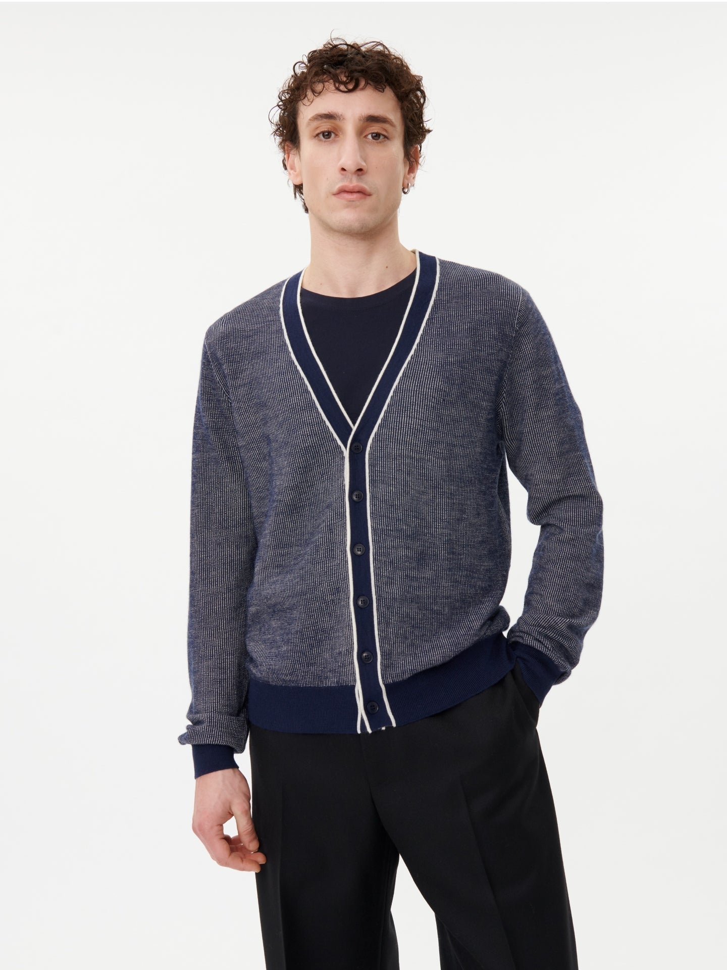 Men's Silk Cashmere Jacquard Knit Cardigan Navy - Gobi Cashmere