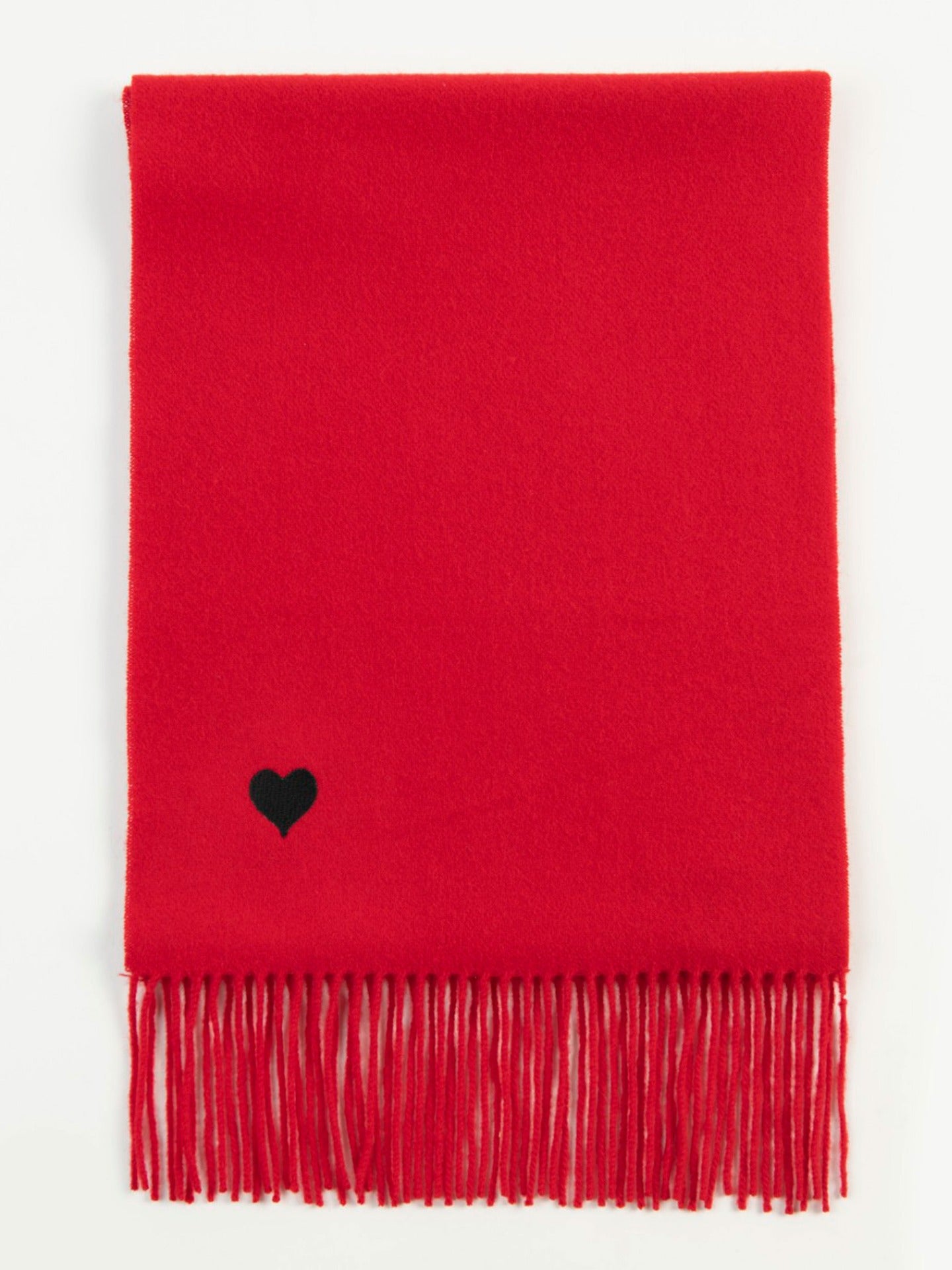 Unisex Cashmere Heart Embroidery Fringe Scarf Red - Gobi Cashmere